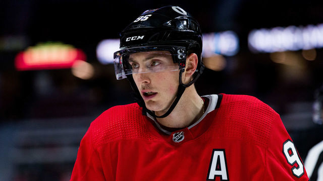 OTTAWA, ON - NOVEMBER 01: Ottawa Senators Center Matt Duchene (95) waits for a face-off during third period National Hockey League action between the Buffalo Sabres and Ottawa Senators on November 1, 2018, at Canadian Tire Centre in Ottawa, ON, Canada.