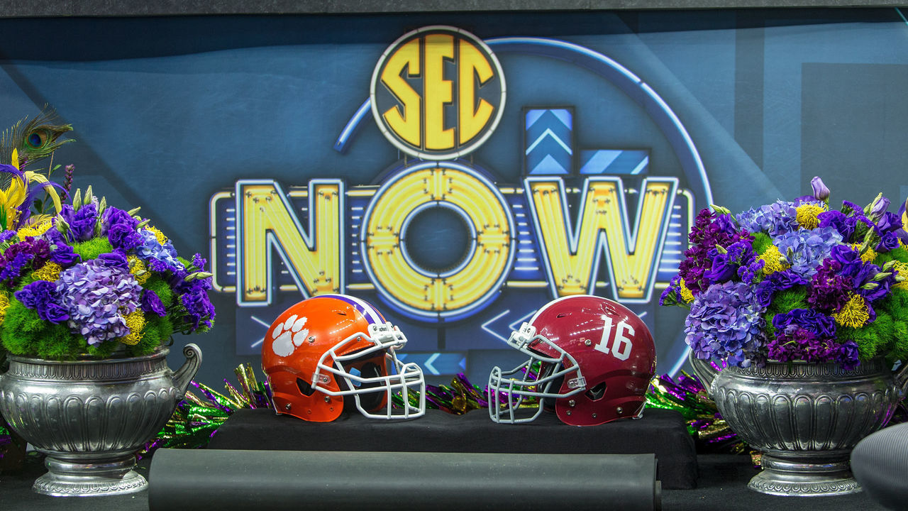 NEW ORLEANS, LA - JANUARY 01: Alabama Crimson Tide and Clemson Tigers helmets sit on the SEC Now set during the Allstate Sugar Bowl between the Alabama Crimson Tide and the Clemson Tigers at the Mercede-Benz Superdome in New Orleans Louisiana, on January 1, 2018