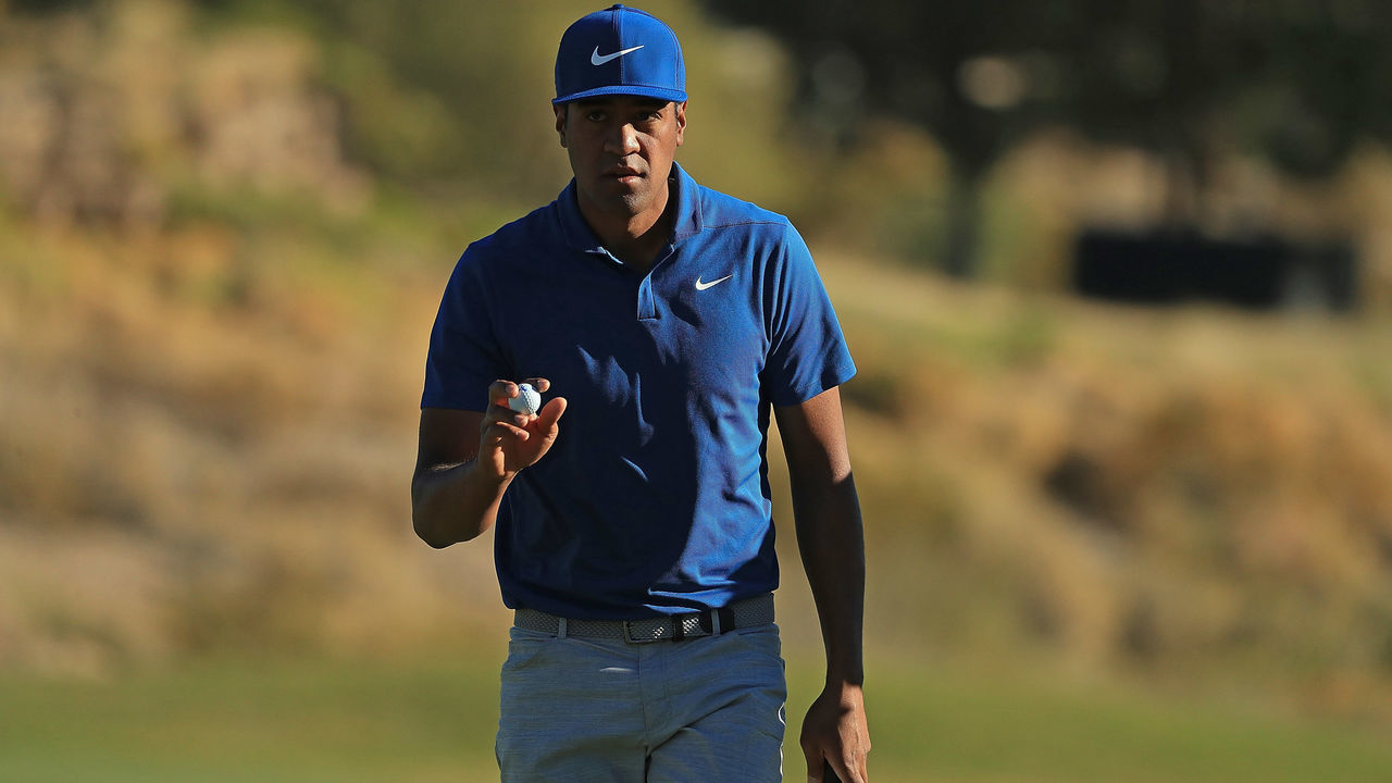LAS VEGAS, NV - NOVEMBER 02: Tony Finau waves to the crowd after hitting a birdie on the 15th hole during the second round of the Shriners Hospitals for Children Open at TPC Summerlin on November 2, 2018 in Las Vegas, Nevada.