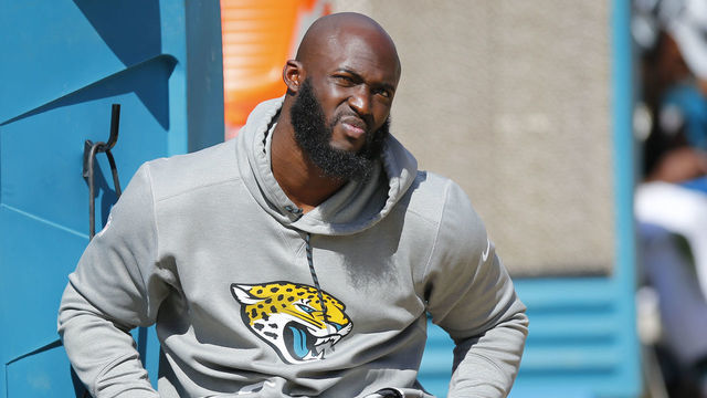 JACKSONVILLE, FL - OCTOBER 21: Jacksonville Jaguars Running Back Leonard Fournette (27) looks on from the bench during the game between the Houston Texans and the Jacksonville Jaguars on October 21, 2018 at TIAA Bank Field in Jacksonville, Fl.