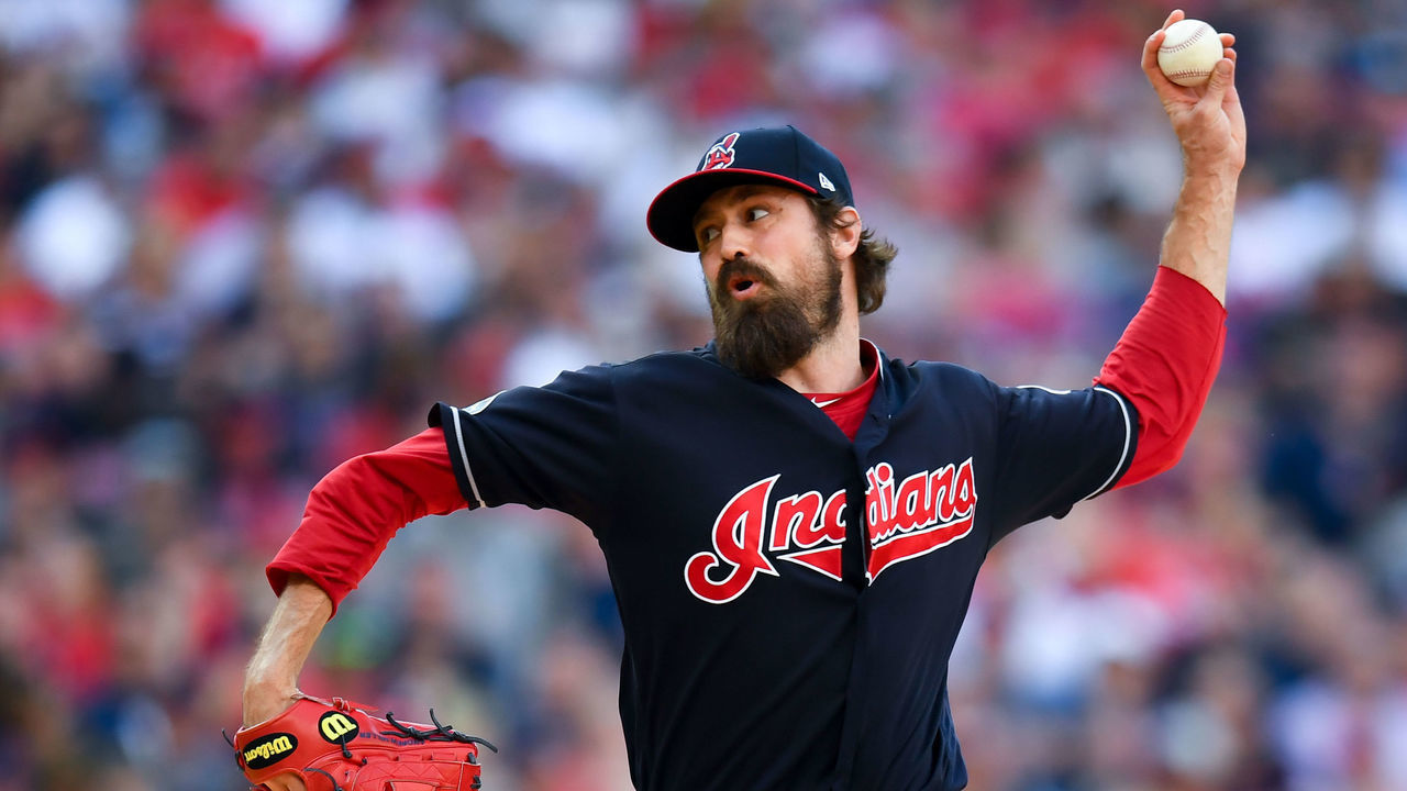 CLEVELAND, OH - OCTOBER 8: Andrew Miller #24 of the Cleveland Indians pitches in the seventh inning during Game 3 of the ALDS against the Houston Astros at Progressive Field on Monday, October 8, 2018 in Cleveland, Ohio.