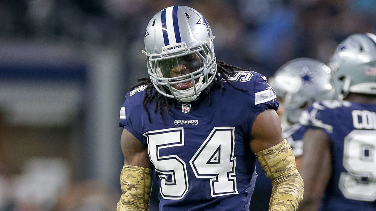 ARLINGTON, TX - NOVEMBER 05: Dallas Cowboys middle linebacker Jaylon Smith (54) celebrates a tackle for a loss during the game between the Tennessee Titans and Dallas Cowboys on November 5, 2018 at AT&T Stadium in Arlington, TX.