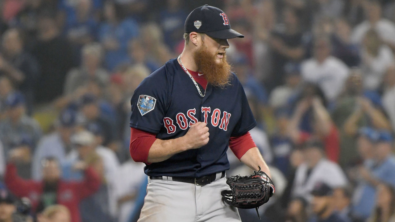 LOS ANGELES, CA - OCTOBER 27: Closing pitcher Craig Kimbrel #46 of the Boston Red Sox pumps his fist after the last out of the ninth inning to defeat the Los Angeles Dodgers 9-6 in Game Four of the 2018 World Series at Dodger Stadium on October 27, 2018 in Los Angeles, California.