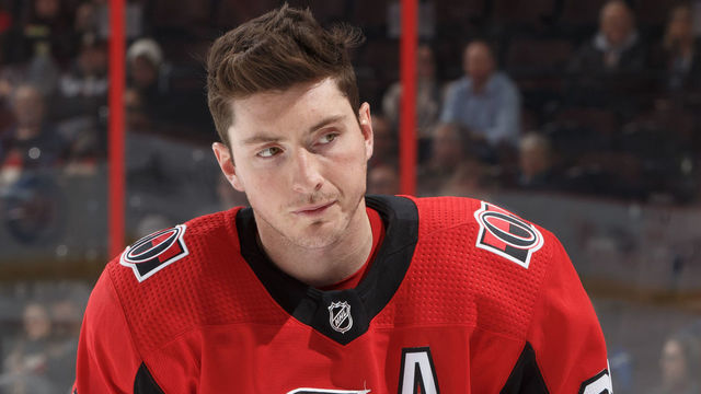 OTTAWA, ON - NOVEMBER 4: Matt Duchene #95 of the Ottawa Senators looks on during warmup prior to a game against the Tampa Bay Lightning at Canadian Tire Centre on November 4, 2018 in Ottawa, Ontario, Canada.