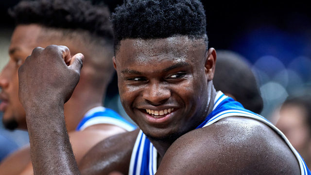 INDIANAPOLIS, IN - NOVEMBER 06: Duke Blue Devils forward Zion Williamson (1) looks on in action during a Champions Classic game between the Duke Blue Devils and the Kentucky Wildcats on November 6, 2018 at Bankers Life Fieldhouse in Indianpolis, Indiana.