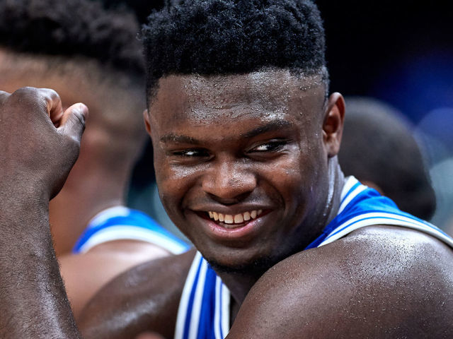 INDIANAPOLIS, IN - NOVEMBER 06: Duke Blue Devils forward Zion Williamson (1) looks on in action during a Champions Classic game between the Duke Blue Devils and the Kentucky Wildcats on November 6, 2018 at Bankers Life Fieldhouse in Indianpolis, Indiana.