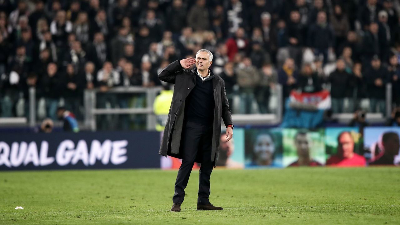 Manchester United's Portuguese manager Jose Mourinho gestures towards the public at the end of the UEFA Champions League group H football match Juventus vs Manchester United at the Allianz stadium in Turin on November 7, 2018.