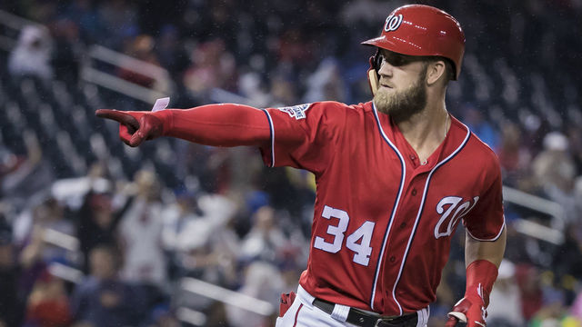 WASHINGTON, DC - SEPTEMBER 08: Bryce Harper #34 of the Washington Nationals hits a two-run home run against the Chicago Cubs during the seventh inning of game two of a doubleheader at Nationals Park on September 8, 2018 in Washington, DC.