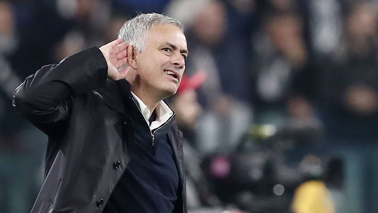 Manchester United's Portuguese manager Jose Mourinho gestures towards the public at the end of the UEFA Champions League group H football match Juventus vs Manchester United at the Allianz stadium in Turin on November 7, 2018.