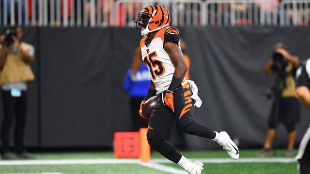 ATLANTA, GA - SEPTEMBER 30: John Ross #15 of the Cincinnati Bengals celebrates a touchdown during the second quarter against the Atlanta Falcons at Mercedes-Benz Stadium on September 30, 2018 in Atlanta, Georgia.