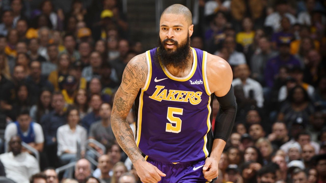 LOS ANGELES, CA - NOVEMBER 7: Tyson Chandler #5 of the Los Angeles Lakers looks on against the Minnesota Timberwolves on November 7, 2018 at STAPLES Center in Los Angeles, California. NOTE TO USER: User expressly acknowledges and agrees that, by downloading and/or using this Photograph, user is consenting to the terms and conditions of the Getty Images License Agreement. Mandatory Copyright Notice: Copyright 2018 NBAE