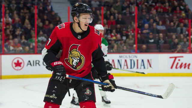 OTTAWA, ON - OCTOBER 15: Ottawa Senators Left Wing Brady Tkachuk (7) tracks the puck during the second period of the NHL game between the Ottawa Senators and the Dallas Stars on October 15, 2018 at the Canadian Tire Centre in Ottawa, Ontario, Canada.