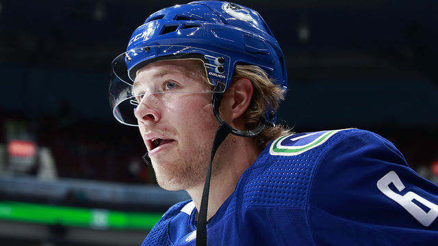 VANCOUVER, BC - NOVEMBER 2: Brock Boeser #6 of the Vancouver Canucks looks on from the bench during their NHL game against the Colorado Avalanche at Rogers Arena November 2, 2018 in Vancouver, British Columbia, Canada. 'n