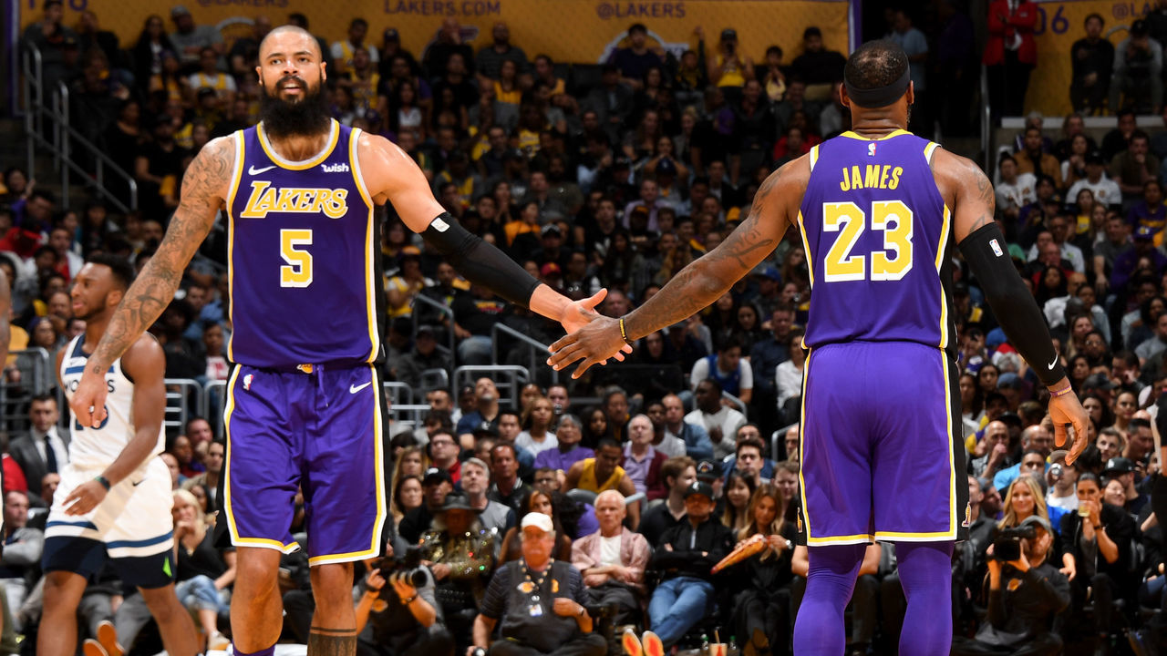 LOS ANGELES, CA - NOVEMBER 7: Tyson Chandler #5 and LeBron James #23 of the Los Angeles Lakers exchange handshakes against the Minnesota Timberwolves on November 7, 2018 at STAPLES Center in Los Angeles, California. NOTE TO USER: User expressly acknowledges and agrees that, by downloading and/or using this Photograph, user is consenting to the terms and conditions of the Getty Images License Agreement. Mandatory Copyright Notice: Copyright 2018 NBAE