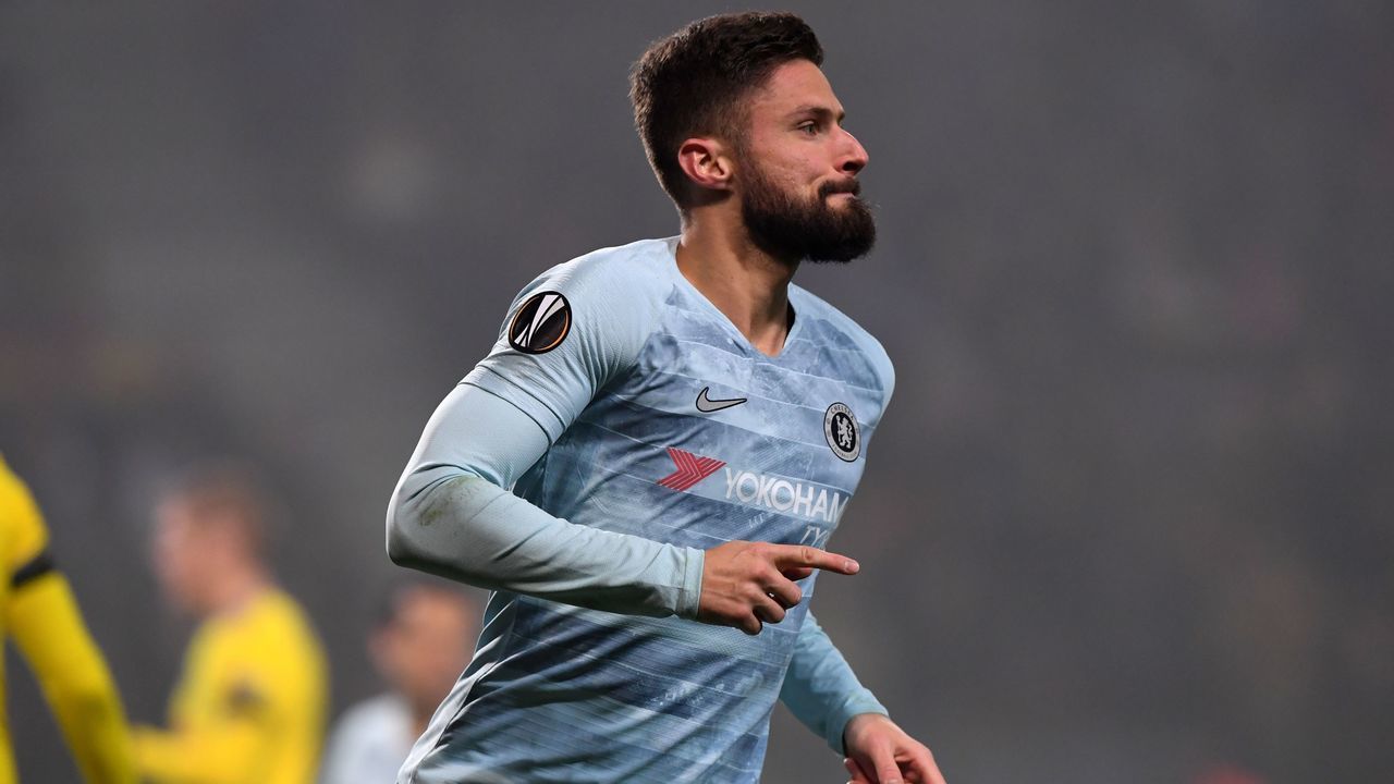 Chelsea's French striker Olivier Giroud celebrates after scoring a goal during the UEFA Europa League group L football match between FC BATE Borisov and Chelsea FC in Borisov outside Minsk on November 8, 2018.