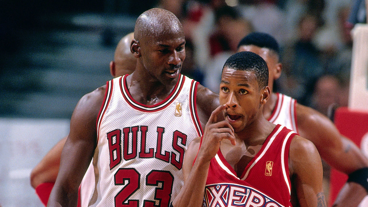 CHICAGO - NOVEMBER 2: Michael Jordan #23 of the Chicago Bulls and Allen Iverson #3 of the Philadelphia 76ers talk during a game played on November 2, 1996 at the United Center in Chicago, Illinois. NOTE TO USER: User expressly acknowledges and agrees that, by downloading and/or using this photograph, user is consenting to the terms and conditions of the Getty Images License Agreement. Mandatory Copyright Notice: Copyright 1996 NBAE