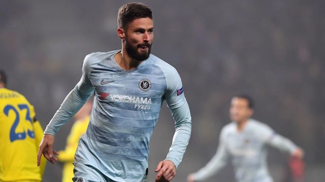 Chelsea's French striker Olivier Giroud celebrates after scoring a goal during the UEFA Europa League group L football match between FC BATE Borisov and Chelsea FC in Borisov outside Minsk on November 8, 2018.