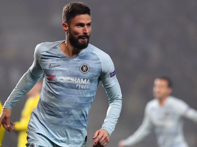 Chelsea's French striker Olivier Giroud celebrates after scoring a goal during the UEFA Europa League group L football match between FC BATE Borisov and Chelsea FC in Borisov outside Minsk on November 8, 2018.