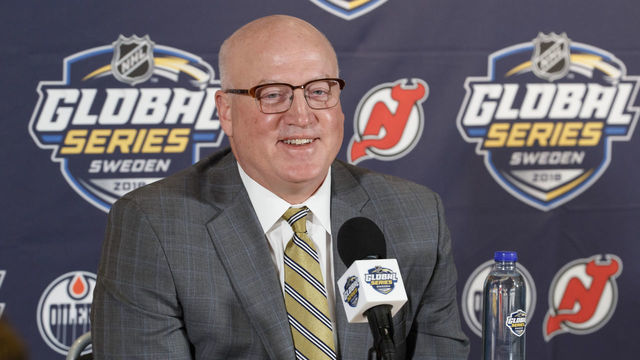GOTHENBURG, SWE - OCTOBER 6: NHL deputy commissioner Bill Daly speaks to media before the 2018 NHL Global Series Challenge at Scandinavium on October 6, 2018 in Gothenburg, Sweden.