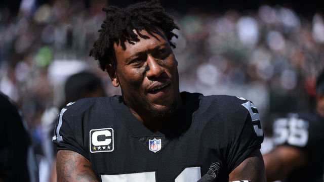 OAKLAND, CA - SEPTEMBER 30: Oakland Raiders Defensive End Bruce Irvin (51) during the NFL football game between the Cleveland Browns and the Oakland Raiders on September 30, 2018, at the Oakland Alameda Coliseum in Oakland, CA .