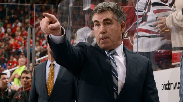 GLENDALE, AZ - FEBRUARY 02: Head coach Dave Tippett of the Arizona Coyotes points toward the ice during third period action against the Chicago Blackhawks at Gila River Arena on February 2, 2017 in Glendale, Arizona.