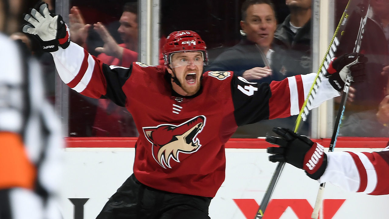 GLENDALE, AZ - NOVEMBER 02: Michael Grabner #40 of the Arizona Coyotes celebrates his game winning goal against the Carolina Hurricanes during the overtime period at Gila River Arena on November 2, 2018 in Glendale, Arizona.