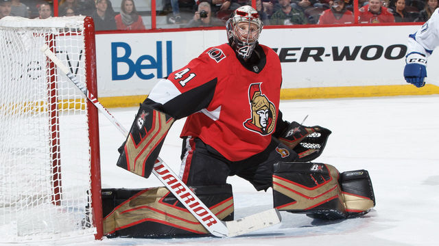 OTTAWA, ON - NOVEMBER 4: Craig Anderson #41 of the Ottawa Senators tends net against the Tampa Bay Lightning at Canadian Tire Centre on November 4, 2018 in Ottawa, Ontario, Canada.