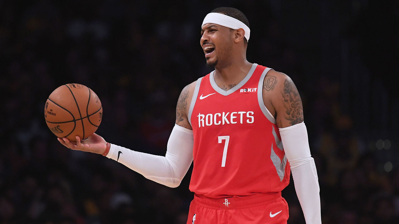 LOS ANGELES, CA - OCTOBER 20: Carmelo Anthony #7 of the Houston Rockets reacts to his offensive foul during a 124-115 win over the Los Angeles Lakers at Staples Center on October 20, 2018 in Los Angeles, California.
