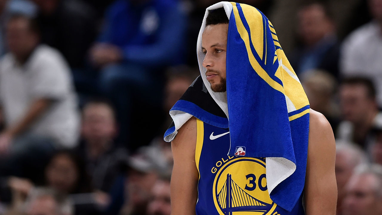 SALT LAKE CITY, UT - OCTOBER 19: Stephen Curry #30 of the Golden State Warriors looks on in the first half of a NBA game against the Utah Jazz at Vivint Smart Home Arena on October 19, 2018 in Salt Lake City, Utah.