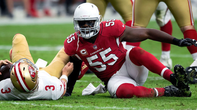 GLENDALE, AZ - OCTOBER 28: Arizona Cardinals defensive end Chandler Jones (55) takes San Francisco 49ers quarterback C.J. Beathard (3) down during the NFL football game between the San Francisco 49ers and the Arizona Cardinals on October 28, 2018 at State Farm Stadium in Glendale, AZ. The Cardinals defeated the 49ers 18-15.