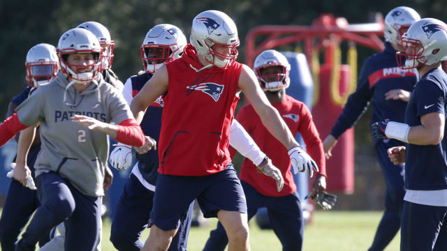 FOXBOROUGH, MA - NOVEMBER 7: New England Patriots' Rob Gronkowski, center, takes part in a drill during New England Patriots practice at the Gillette Stadium practice facility in Foxborough, MA on Nov. 7, 2018.