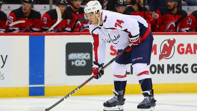 NEWARK, NJ - OCTOBER 11: Washington Capitals defenseman John Carlson (74) skates during the first period of the National Hockey League Game between the New Jersey Devils and the Washington Capitals on October 11, 2018 , at the Prudential Center in Newark, NJ.