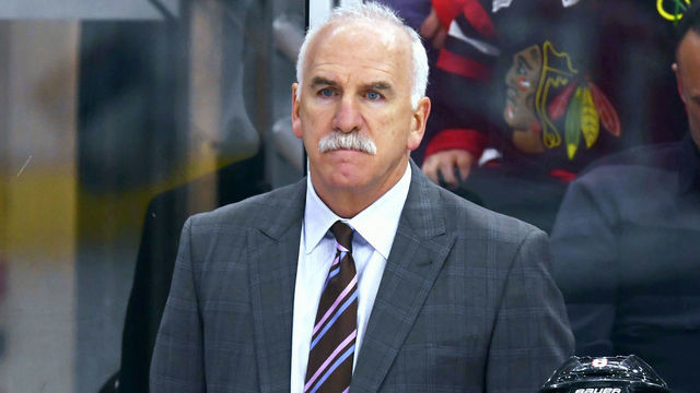 CHICAGO, IL - MARCH 26: Chicago Blackhawks head coach Joel Quenneville looks on in action during a game between the Chicago Blackhawks and the San Jose Sharks on March 26, 2018, at the United Center in Chicago, Illinois.