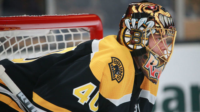BOSTON - OCTOBER 27: Boston Bruins' Tuukka Rask stands in the goal during the second period. The Boston Bruins host the Montreal Canadiens in a regular season NHL hockey game at TD Garden in Boston on Oct. 27, 2018.