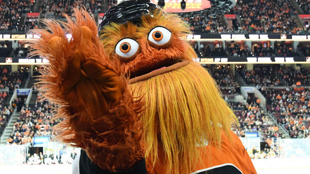 PHILADELPHIA, PA - NOVEMBER 08: Flyers mascot Gritty entertains the crowd during the NHL game between the Arizona Coyotes and the Philadelphia Flyers on November 8, 2018 at the Wells Fargo Center in Philadelphia, PA.