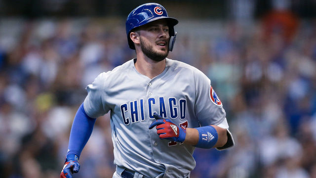 MILWAUKEE, WI - SEPTEMBER 03: Kris Bryant #17 of the Chicago Cubs flies out in the first inning against the Milwaukee Brewers at Miller Park on September 3, 2018 in Milwaukee, Wisconsin.