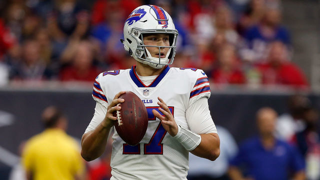 HOUSTON, TX - OCTOBER 14: Josh Allen #17 of the Buffalo Bills looks for a receiver against the Houston Texans at NRG Stadium on October 14, 2018 in Houston, Texas.