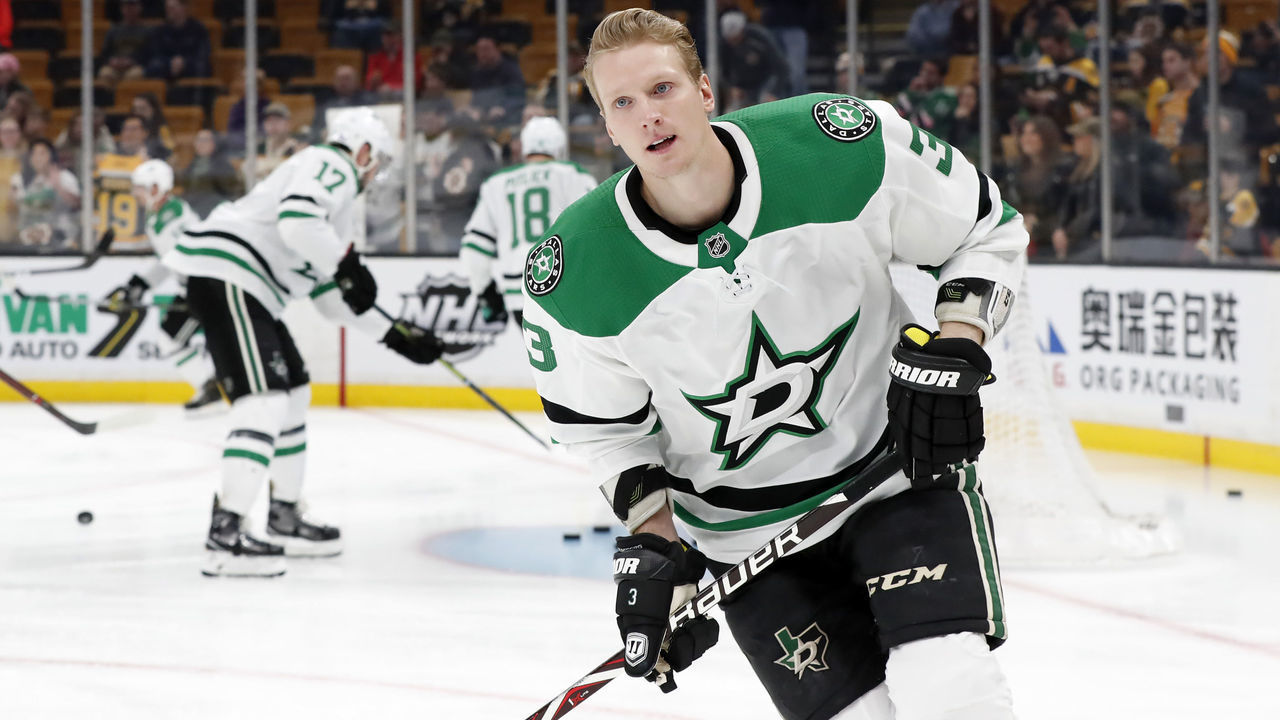 BOSTON, MA - NOVEMBER 05: Dallas Stars defenseman John Klingberg (3) skates in warm up before a game between the Boston Bruins and the Dallas Stars on November 5, 2018, at TD Garden in Boston, Massachusetts.