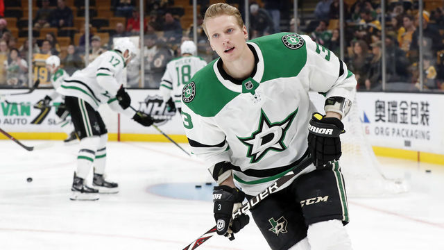 BOSTON, MA - NOVEMBER 05: Dallas Stars defenseman John Klingberg (3) skates in warm up before a game between the Boston Bruins and the Dallas Stars on November 5, 2018, at TD Garden in Boston, Massachusetts.