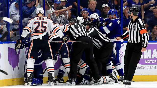 TAMPA, FL - NOVEMBER 06: The Tampa Bay Lightning fight with the Edmonton Oilers during a game at Amalie Arena on November 6, 2018 in Tampa, Florida.