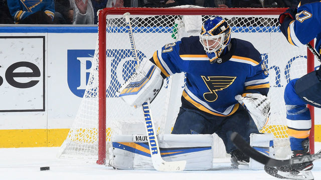 ST. LOUIS, MO - NOVEMBER 9: Chad Johnson #31 of the St. Louis Blues blocks a shot from the San Jose Sharks at Enterprise Center on November 9, 2018 in St. Louis, Missouri.