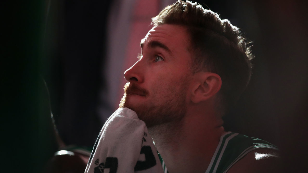 PHOENIX, AZ - NOVEMBER 08: Gordon Hayward #20 of the Boston Celtics on the bench during the NBA game against the Phoenix Suns at Talking Stick Resort Arena on November 8, 2018 in Phoenix, Arizona. The Celtics defeated the Suns 116-109 in overtime.