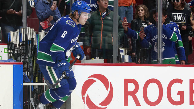 VANCOUVER, BC - OCTOBER 31: Brock Boeser #6 of the Vancouver Canucks steps onto the ice during their NHL game against the Chicago Blackhawks at Rogers Arena October 31, 2018 in Vancouver, British Columbia, Canada. 'n