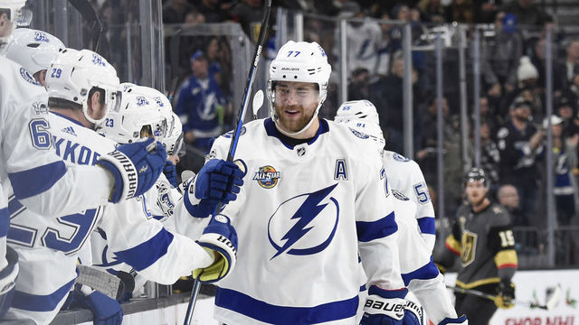 LAS VEGAS, NV - DECEMBER 19: Victor Hedman #77 of the Tampa Bay Lightning celebrates after scoring a goal against the Vegas Golden Knights during the game at T-Mobile Arena on December 19, 2017 in Las Vegas, Nevada.