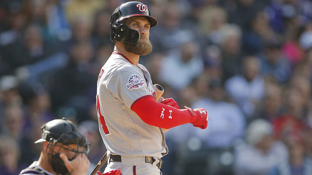 DENVER, CO - SEPTEMBER 30: Washington Nationals outfielder Bryce Harper (34) bats during a regular season game between the Colorado Rockies and the visiting Washington Nationals on September 30, 2018 at Coors Field in Denver, CO.