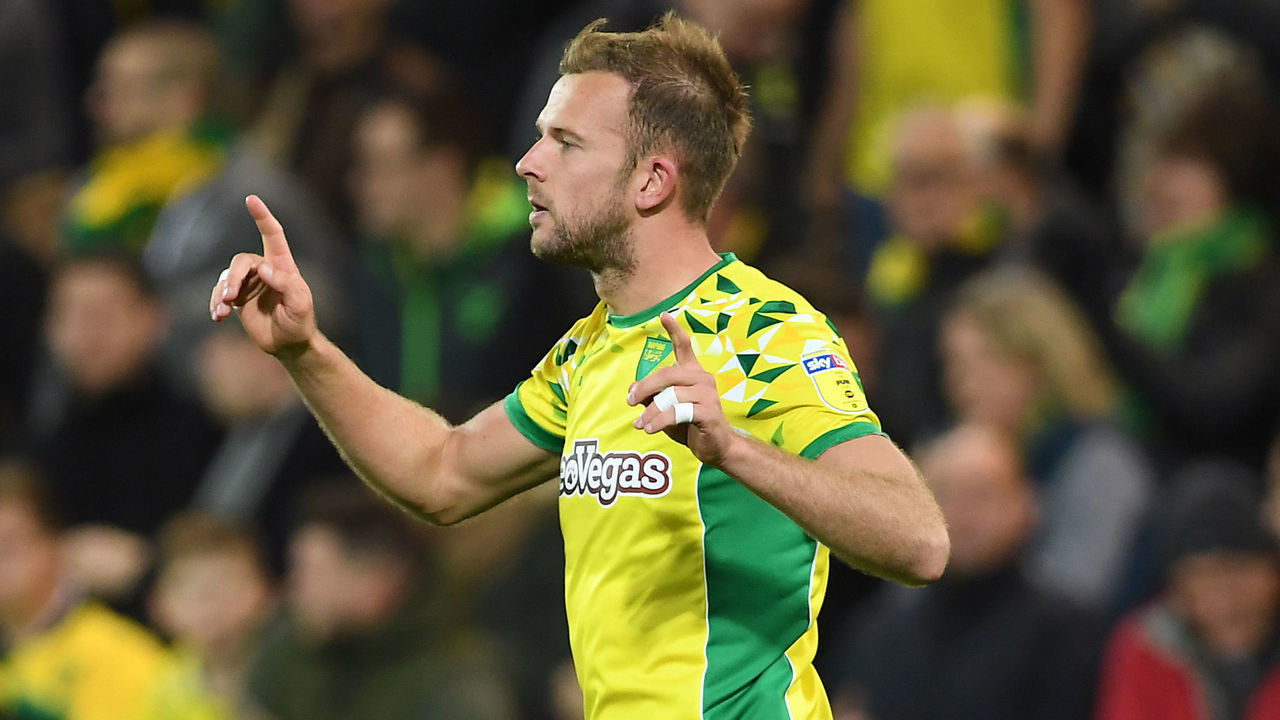 Norwich City's Jordan Rhodes celebrates scoring his side's first goal of the game during the Sky Bet Championship match at Carrow Road, Norwich.