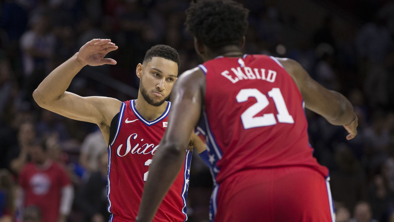 PHILADELPHIA, PA - NOVEMBER 1: Ben Simmons #25 of the Philadelphia 76ers celebrates with Joel Embiid #21 against the LA Clippers at the Wells Fargo Center on November 1, 2018 in Philadelphia, Pennsylvania.