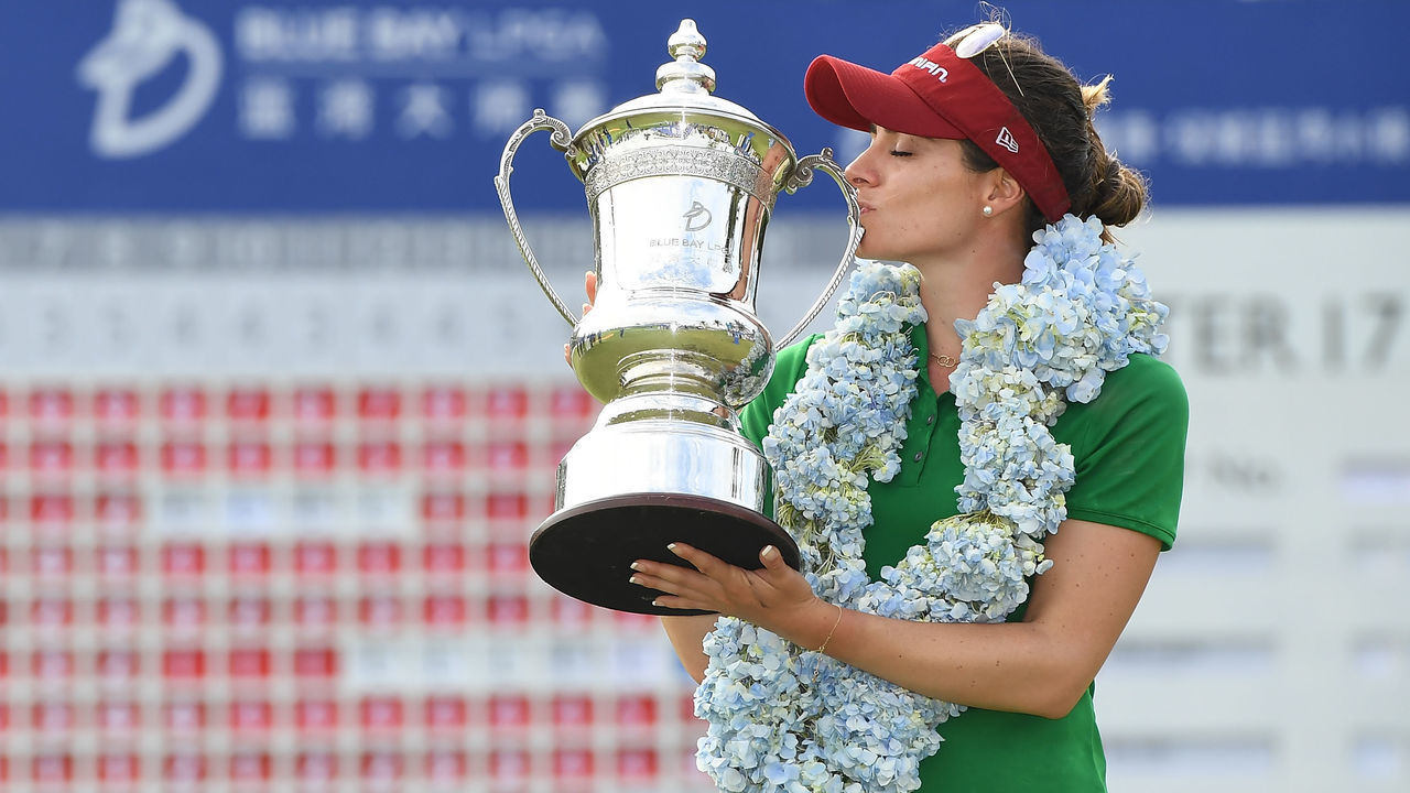 HAINAN ISLAND, CHINA - NOVEMBER 10: Gaby Lopez of Mexico celebrates after winning the Blue Bay LPGA on November 10, 2018 in Hainan Island, China.
