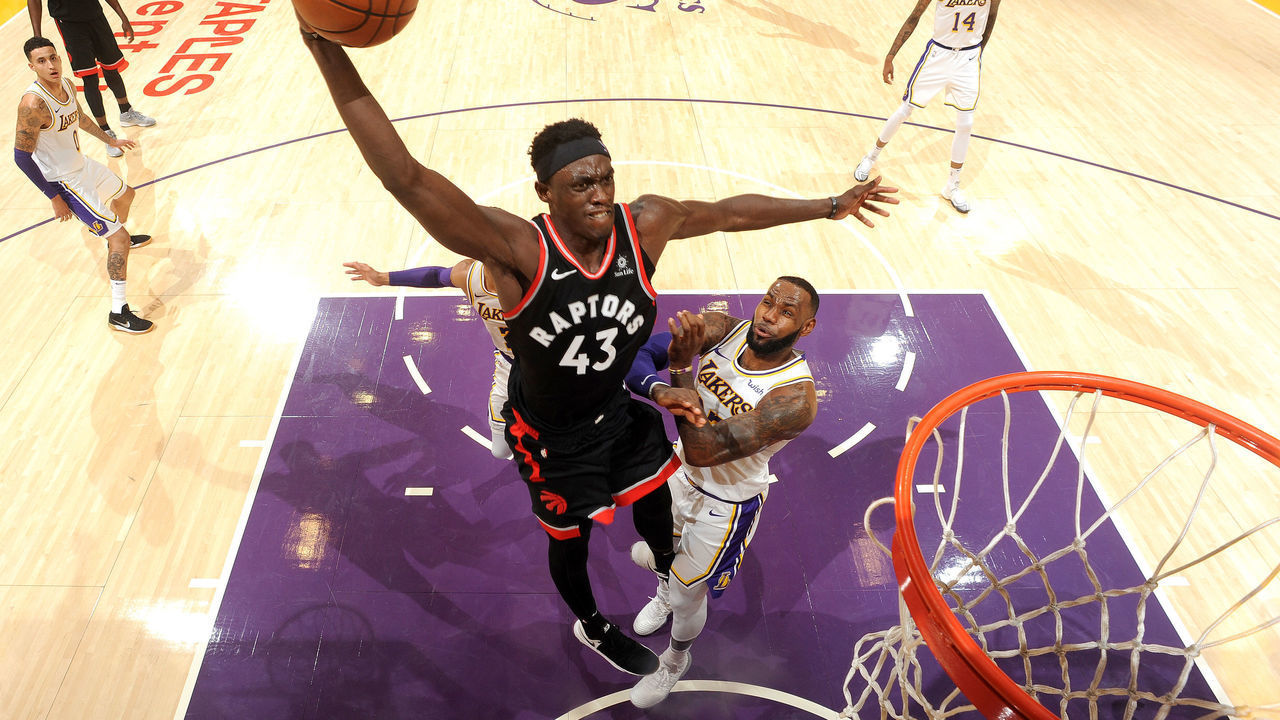 LOS ANGELES, CA - NOVEMBER 4: Pascal Siakam #43 of the Toronto Raptors shoots the ball against the Los Angeles Lakers on November 4, 2018 at Staples Center in Los Angeles, California. NOTE TO USER: User expressly acknowledges and agrees that, by downloading and/or using this Photograph, user is consenting to the terms and conditions of the Getty Images License Agreement. Mandatory Copyright Notice: Copyright 2018 NBAE