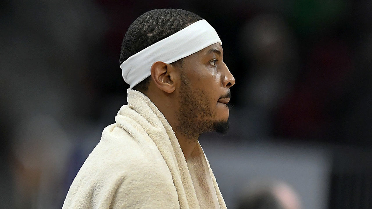 CHICAGO, ILLINOIS - NOVEMBER 03: Carmelo Anthony #7 of the Houston Rockets waits to enter the game against the Chicago Bulls at United Center on November 03, 2018 in Chicago, Illinois.